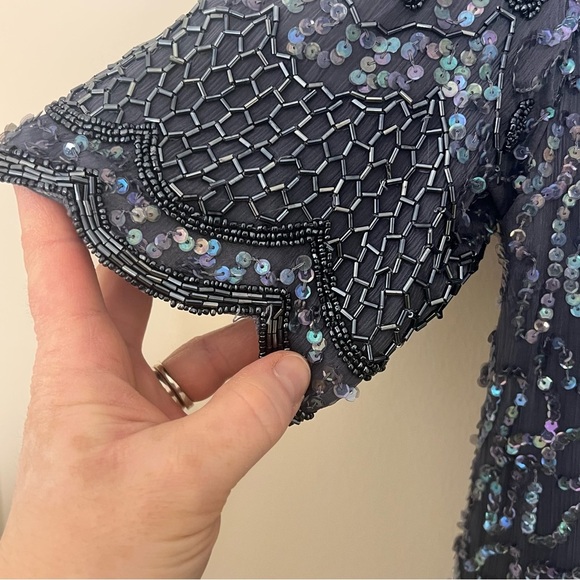Vintage Brilliante by J.A. Silk Beaded Sequin Steel Blue Formal Dress Size Large - Picture 3 of 9